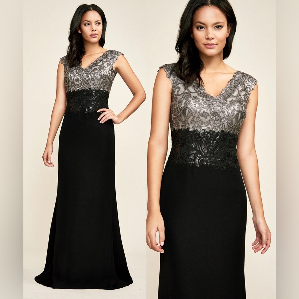 Tadashi Shoji Sequin Lace Bodice Dark Pearl & Black Crepe Rema Dress Gown‎ 8 B06